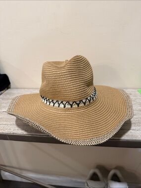 David and Young Braided Trim Wide-Brim Straw Hat - Tan with Black & Cream Accent